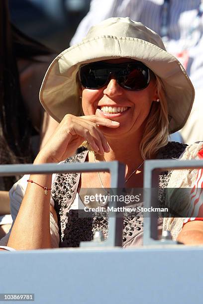 Anna Wozniacki, mother of Caroline Wozniacki, watches the women's singles match between Caroline Wozniacki of Denmark and Maria Sharapova of Russa on...