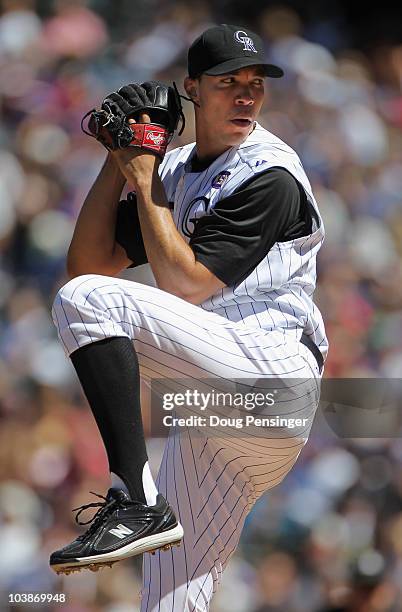 Starting pitcher Ubaldo Jimenez of the Colorado Rockies delivers against the Cincinnati Reds at Coors Field on September 6, 2010 in Denver, Colorado....