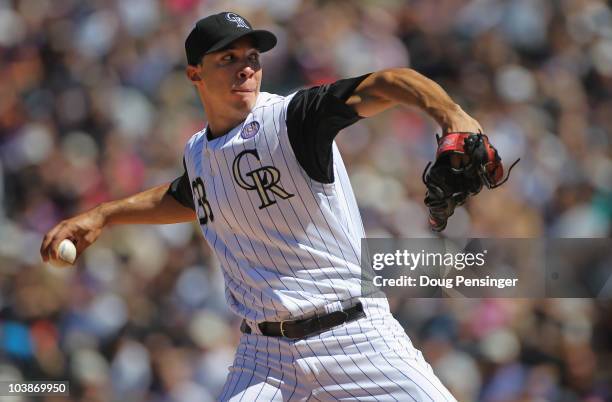 Starting pitcher Ubaldo Jimenez of the Colorado Rockies delivers against the Cincinnati Reds at Coors Field on September 6, 2010 in Denver, Colorado....