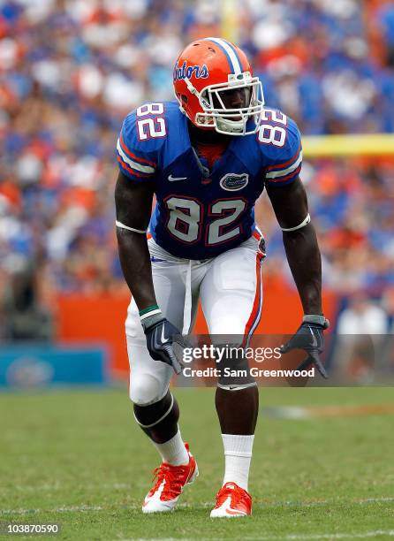 Receiver Omarius Hines of the Florida Gators prepares to run a pattern against the Miami University RedHawks at Ben Hill Griffin Stadium on September...