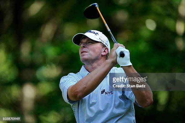 Steve Stricker hits from the ninth tee box during the final round of the Deutsche Bank Championship at TPC Boston on September 6, 2010 in Norton,...