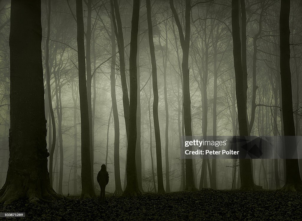 Girl alone in foggy forest