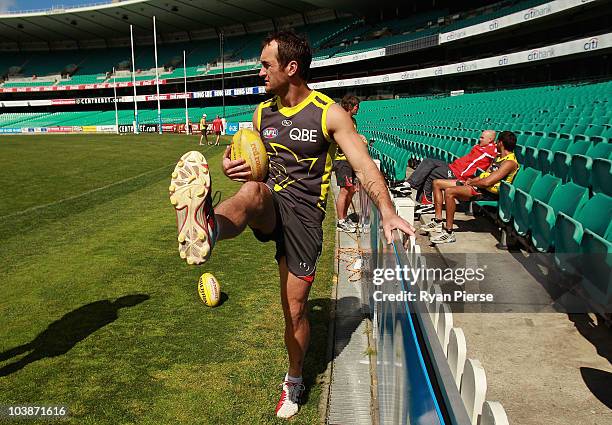 Daniel Bradshaw of the Swans warms up during a Sydney Swans AFL training session at the Sydney Cricket Ground on September 7, 2010 in Sydney,...