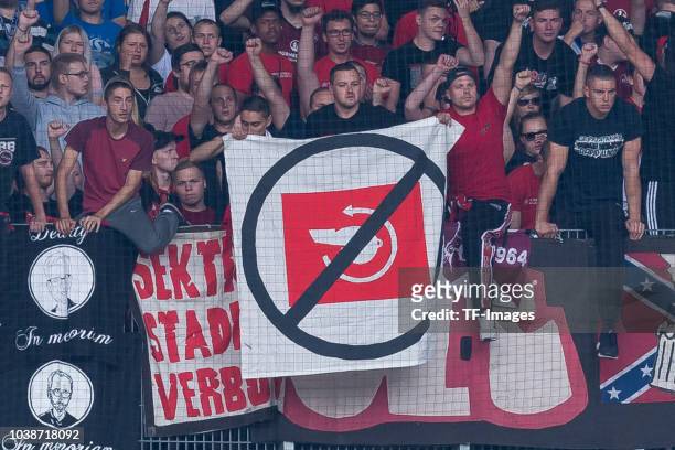 Supporters of Nuern with banner anti Videobeweis during the Bundesliga match between SV Werder Bremen and 1. FC Nuernberg at Weserstadion on...