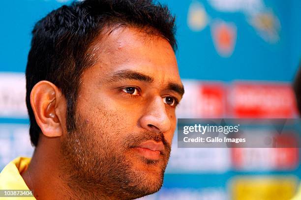 Dhoni attends a Chennai Super Kings welcome press conference at the Hilton Hotel on September 07, 2010 in Durban, South Africa. Match One of the...