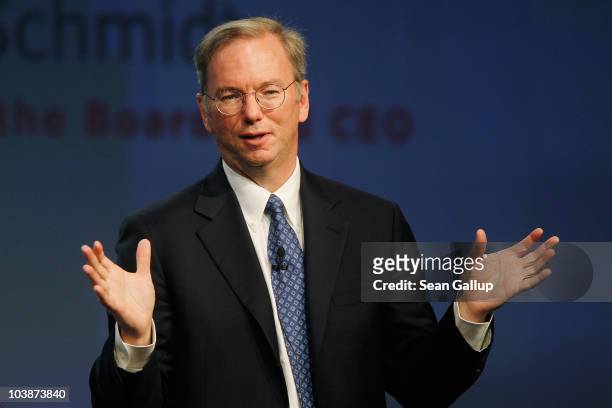 Google Chairman and CEO Eric Schmidt delivers the closing keynote speech at the 2010 IFA technology trade fair at Messe Berlin on September 7, 2010...