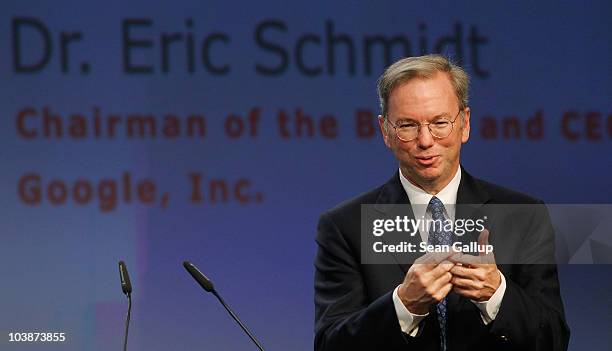 Google Chairman and CEO Eric Schmidt delivers the closing keynote speech at the 2010 IFA technology trade fair at Messe Berlin on September 7, 2010...