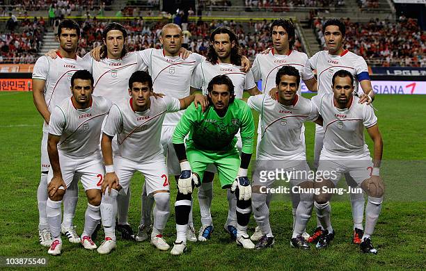 Iran's national football team players pose during the international friendly match between South Korea and Iran at Seoul World Cup Stadium on...