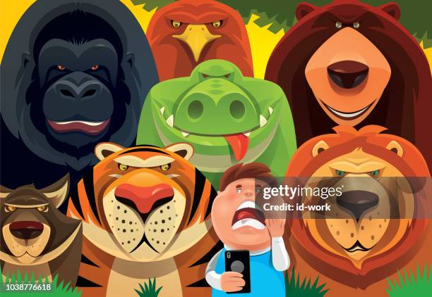 kid holding smartphone with wild animals in jungle - children taking selfie stock illustrations