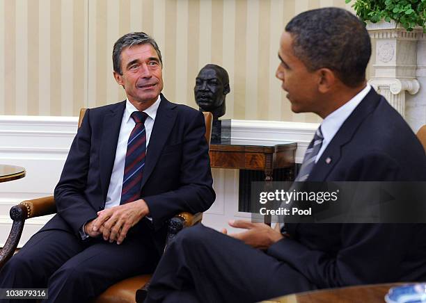 President Barack Obama meets with NATO Secretary General Anders Fogh Rasmussen in the Oval Office of the White House September 7, 2010 in Washington,...