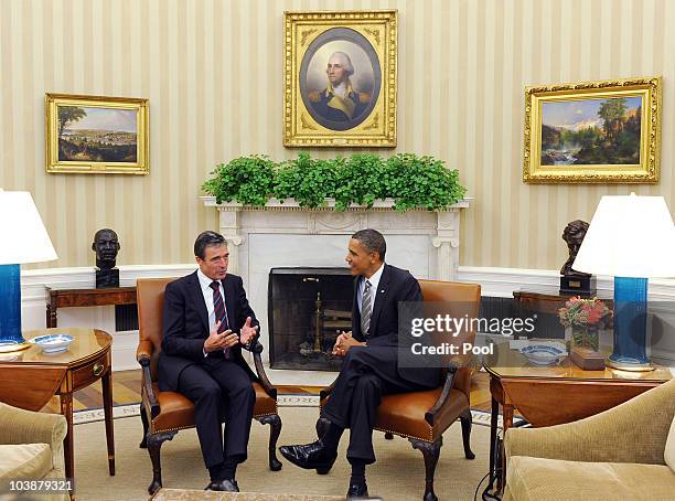 President Barack Obama meets with NATO Secretary General Anders Fogh Rasmussen in the Oval Office of the White House September 7, 2010 in Washington,...