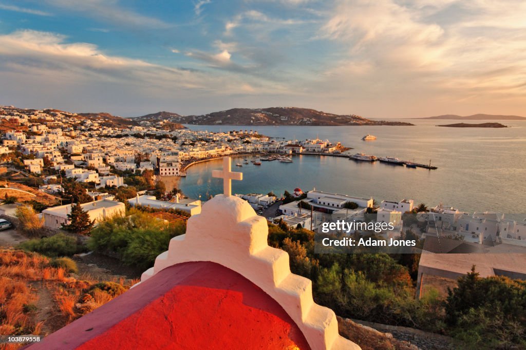 Elevated view of Mykonos Harbor at sunset