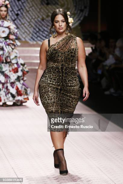 Ashley Graham walks the runway at the Dolce & Gabbana show during Milan Fashion Week Spring/Summer 2019 on September 23, 2018 in Milan, Italy.