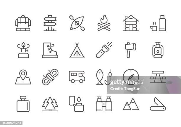 camping - regular line icons - water canteen stock illustrations