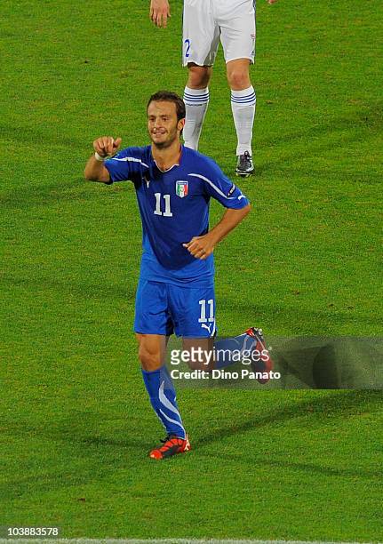 Alberto Gilardino of Italy celebrater after scoring his first goal during the UEFA EURO 2012 Group C qualifier between Italy and Faroe Islands on...