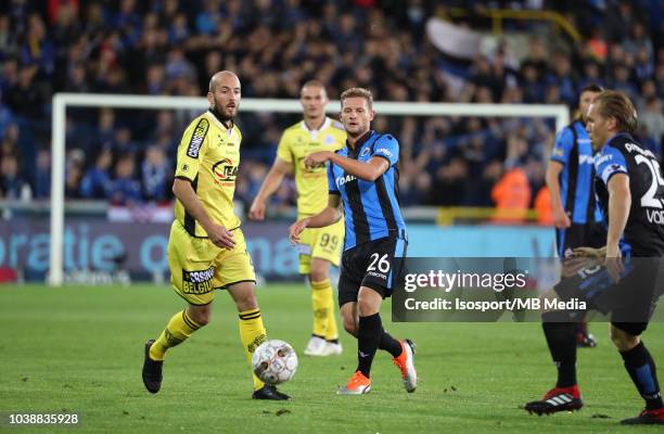 Steve De Ridder and Mats Rits fight for the ball during the Jupiler Pro League match between Club Brugge and KSC Lokeren OV at Jan Breydel Stadium on...