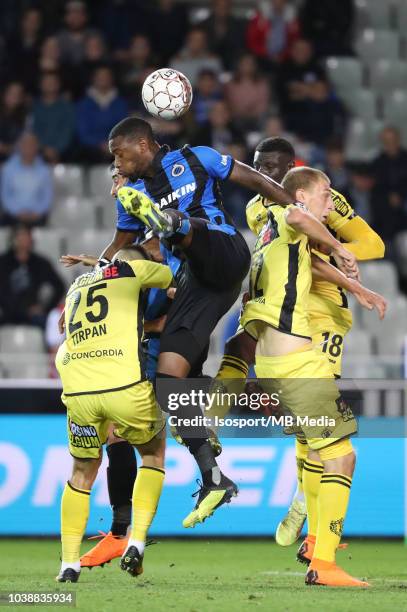 Mickael Tirpan, Wesley Moraes and Jakov Filipovic fight for the ball during the Jupiler Pro League match between Club Brugge and KSC Lokeren OV at...