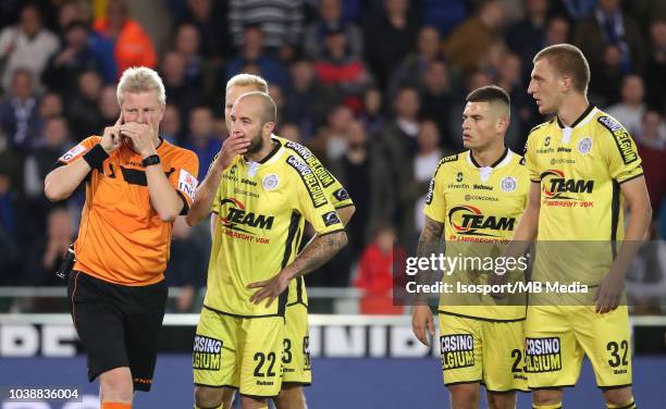 Christof Dierick reacts during the Jupiler Pro League match between Club Brugge and KSC Lokeren OV at Jan Breydel Stadium on September 14, 2018 in...