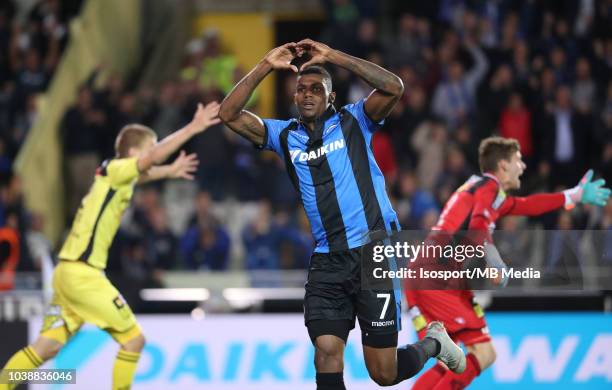 Wesley Moraes celebrates after scoring a goal during the Jupiler Pro League match between Club Brugge and KSC Lokeren OV at Jan Breydel Stadium on...