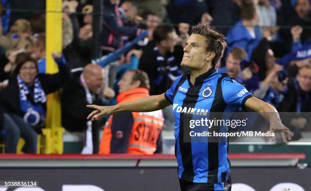 Jelle Vossen celebrates after scoring a penalty during the Jupiler Pro League match between Club Brugge and KSC Lokeren OV at Jan Breydel Stadium on...