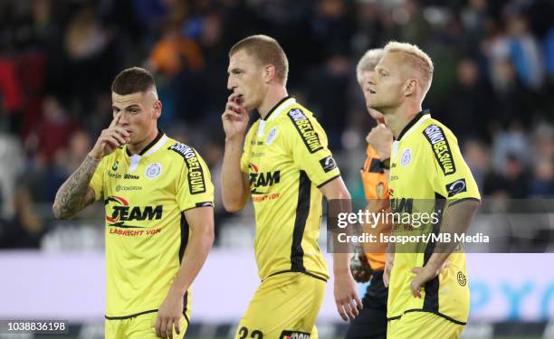 Olivier Deschacht looks dejected during the Jupiler Pro League match between Club Brugge and KSC Lokeren OV at Jan Breydel Stadium on September 14,...