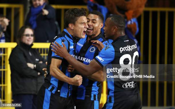 Jelle Vossen celebrates after scoring a penalty during the Jupiler Pro League match between Club Brugge and KSC Lokeren OV at Jan Breydel Stadium on...