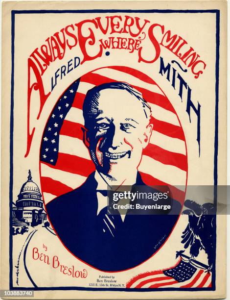 Cover of the sheet music for 'Always Everywhere Smiling' by Ben Breslow, shows a cartoon of Al Smith, New York political boss, flanked by an eagle...