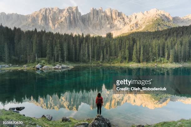 frau stehend und mit blick auf den lago di carezza in dolomiten - majestätisch stock-fotos und bilder