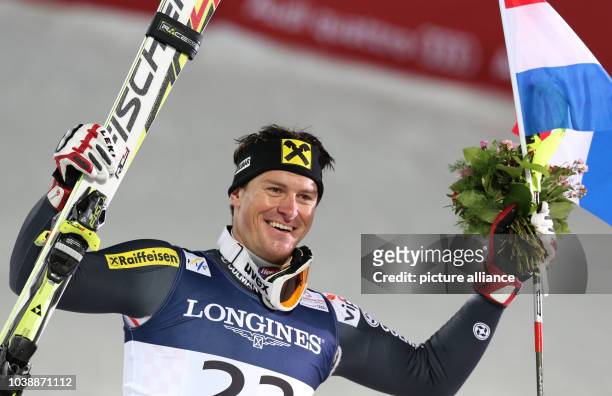 Ivica Kostelic of Croatia celebrates after the second run of the men's super combined-downhill at the Alpine Skiing World Championships in...
