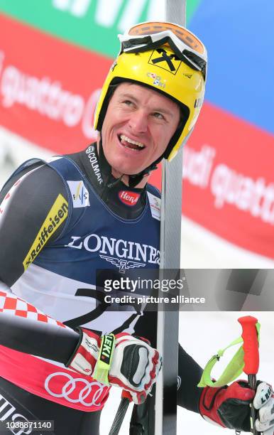 Ivica Kostelic of Croatia reacts during the men's super combined-downhill at the Alpine Skiing World Championships in Schladming, Austria, 11...