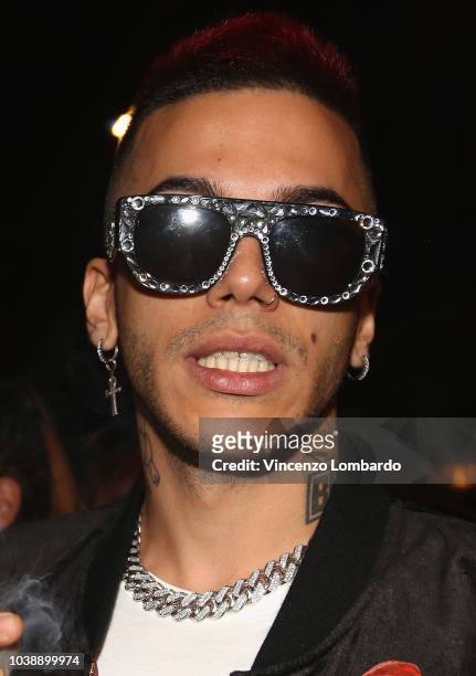 Sfera Ebbasta arrives at the Domenico Dolce birthday party during Milan Fashion Week Spring/Summer 2019 at Four Seasons Hotel on September 23, 2018...