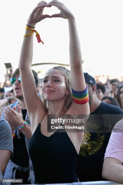 Festivalgoer watches lovelytheband perform on Downtown Stage during the 2018 Life Is Beautiful Festival on September 23, 2018 in Las Vegas, Nevada.