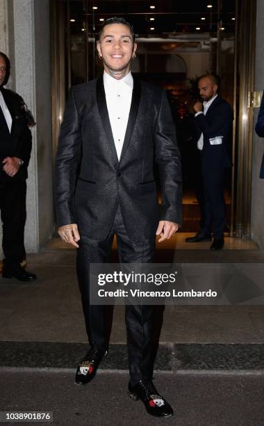 Emis Killa arrives at the Domenico Dolce birthday party during Milan Fashion Week Spring/Summer 2019 at Four Seasons Hotel on September 23, 2018 in...