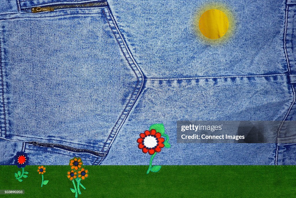 Patchwork rural scene with denim sky