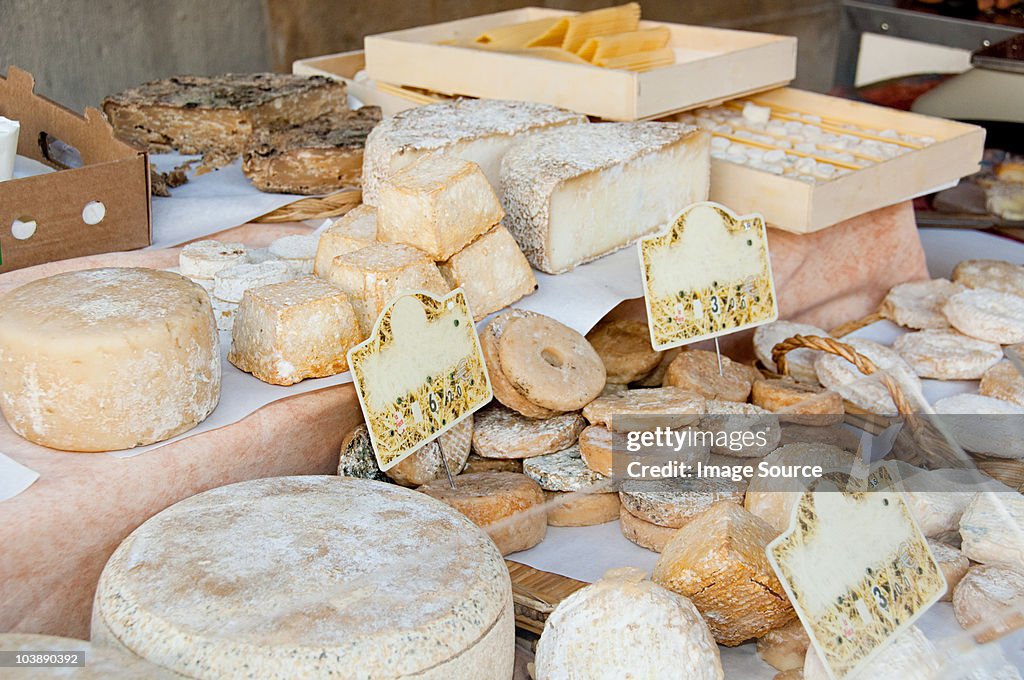Sheeps cheese on market stall