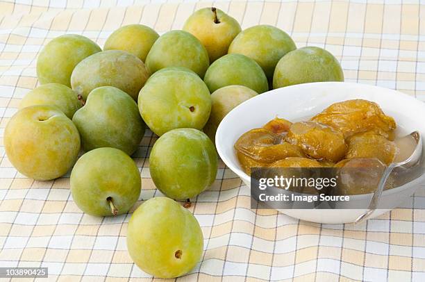 plums and plum compote - greengage stock pictures, royalty-free photos & images