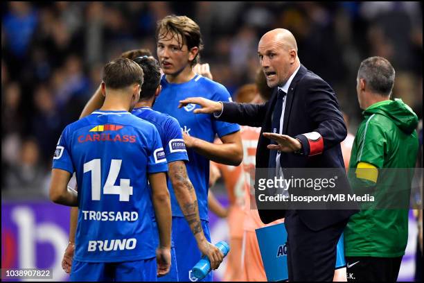 Philippe Clement, Sander Berge and Leandro Trossard pictured during the Jupiler Pro League match between KRC Genk and RSC Anderlecht at Cristal Arena...