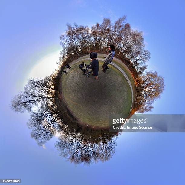 people in park with little planet effect - 360 images stockfoto's en -beelden