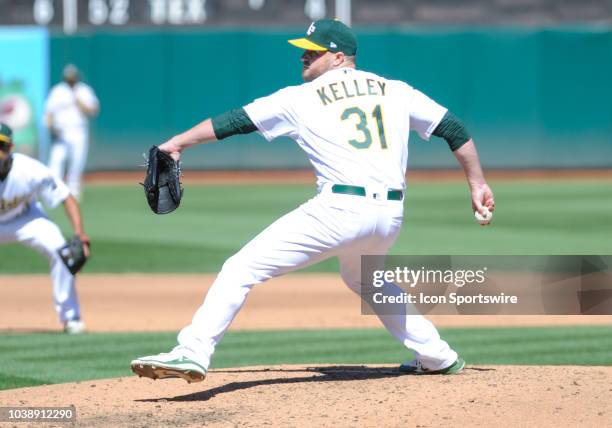 Oakland Athletics relief pitcher Shawn Kelley pitches during the regular season baseball game between the Minnesota Twins and the Oakland Athletics...