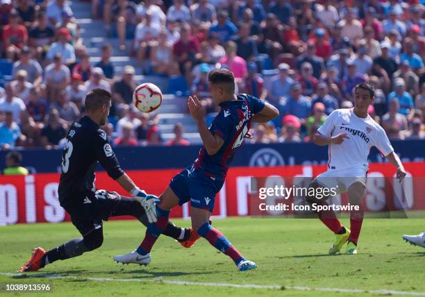 Wissam Ben Yedder, forward of Sevilla FC scoring a goa during the La Liga game between Levante UD and Sevilla FC on September 23 at Estadio Ciutat de...