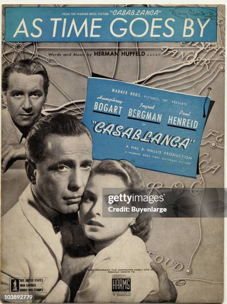 Cover of the sheet music for As Time Goes by from the movie Casablanca, shows Paul Henreid, Humphrey Bogart, and Ingrid Bergman, 1942.