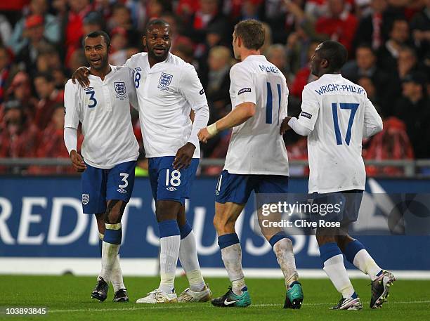 Darren Bent of England celebrates scoring his team's third goal during the EURO 2012 Group G Qualifier between Switzerland and England at St Jakob...