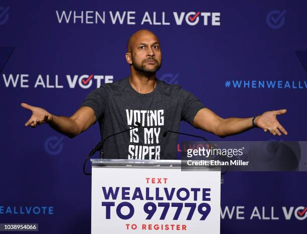 Actor Keegan-Michael Key speaks during a rally for When We All Vote's National Week of Action featuring former first lady Michelle Obama at Chaparral...