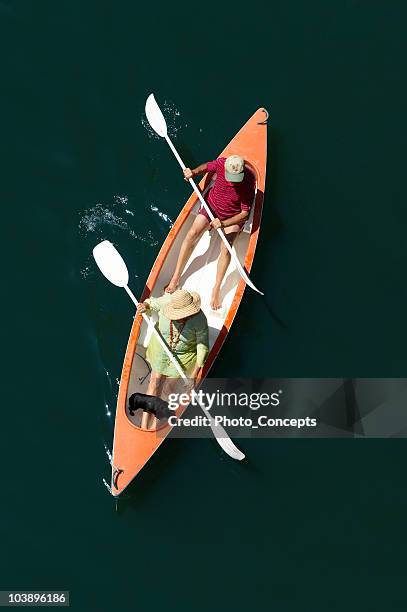 senior couple canoeing - seniors canoeing stock pictures, royalty-free photos & images