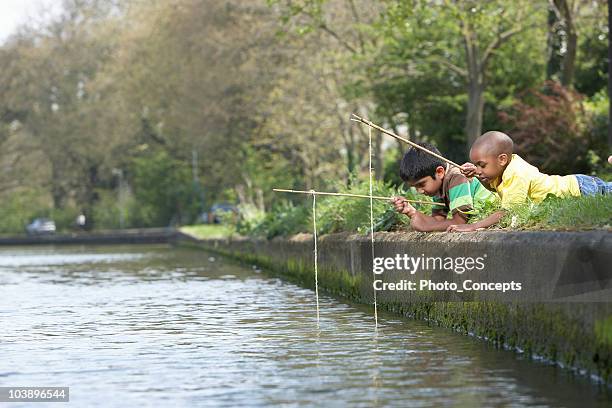 young boys fishing in stream - kids fishing stock pictures, royalty-free photos & images