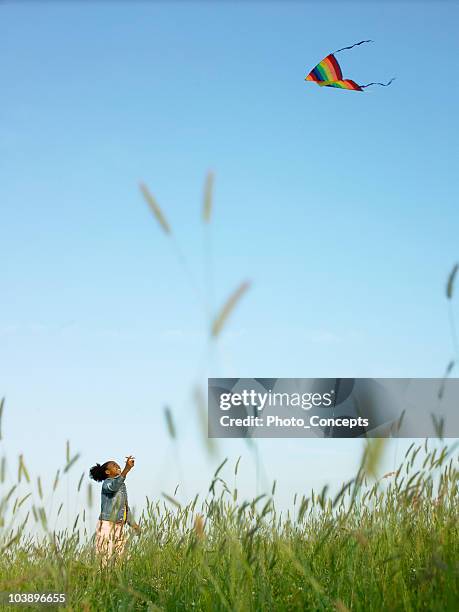 young girl flying a kite - kite flying stock pictures, royalty-free photos & images