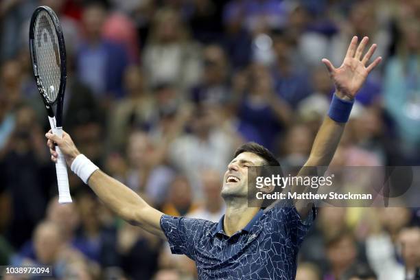 Novak Djokovic of Serbia celebrates his win over Juan Martin Del Potro of Argentina during the men's final of the US Open at Arthur Ashe Stadium on...