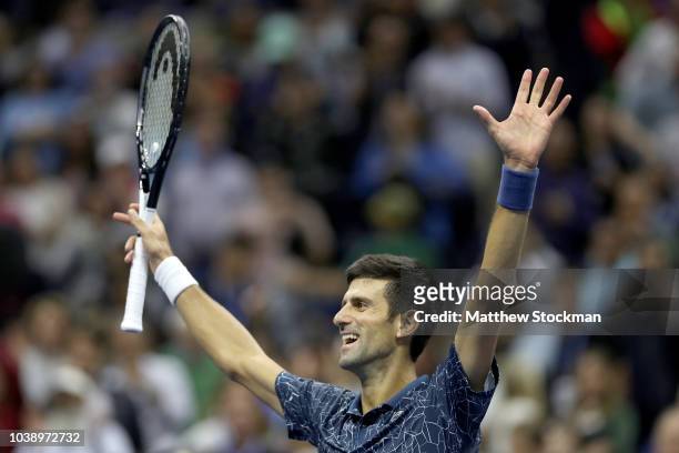 Novak Djokovic of Serbia celebrates his win over Juan Martin Del Potro of Argentina during the men's final of the US Open at Arthur Ashe Stadium on...