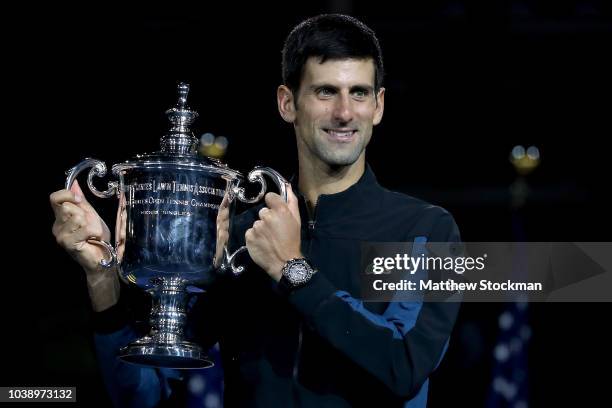 Novak Djokovic of Serbia celebrates his win over Juan Martin Del Potro of Argentina during the men's final of the US Open at Arthur Ashe Stadium on...