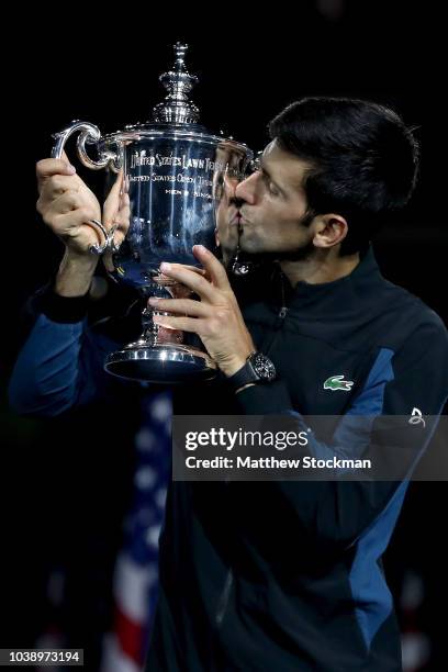 Novak Djokovic of Serbia celebrates his win over Juan Martin Del Potro of Argentina during the men's final of the US Open at Arthur Ashe Stadium on...